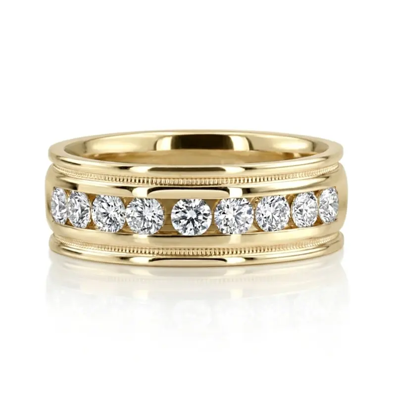 14K yellow gold 8mm. high polish diamond-classic-round-cut-channel-wedding-band - alternate view 2