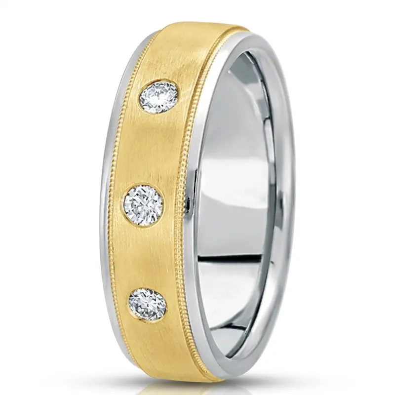 14K white-yellow-white gold 7mm. satin diamond-classic-round-wedding-band - main view