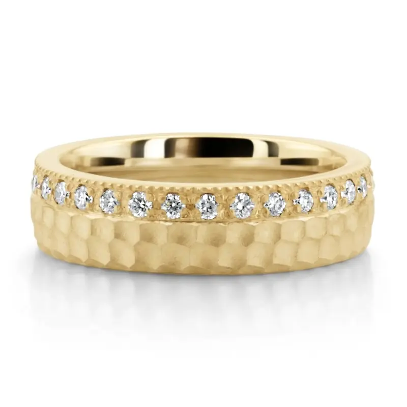 14K yellow gold 5mm. same as picture Honeycomb Diamond Wedding Band in Yellow and White Gold - alternate view 2