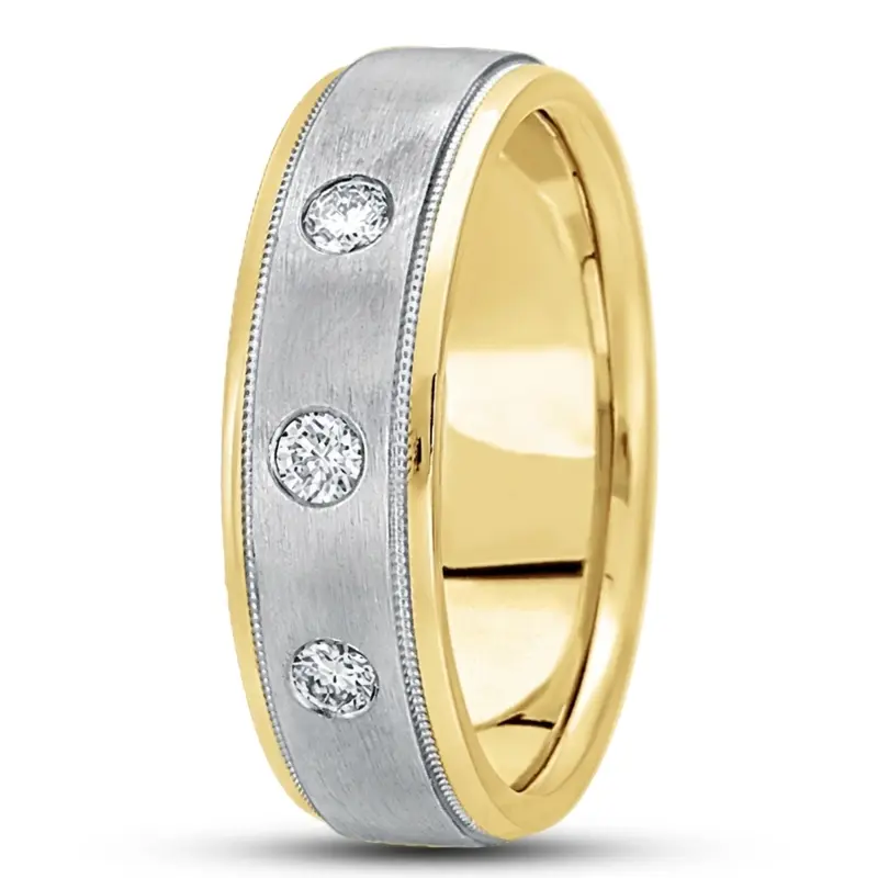 14K yellow-white-yellow gold 7mm. satin diamond-classic-round-wedding-band - alternate view 3