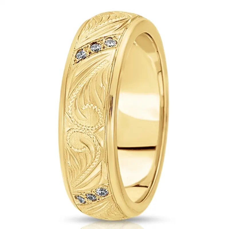 14K yellow gold 7mm. high polish diamond-classic-round-wedding-band - main view