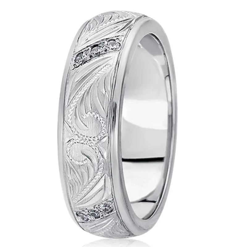 14K white gold 7mm. high polish diamond-classic-round-wedding-band - alternate view 2