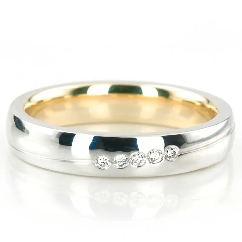 14K all white gold 4mm. high polish diamond-twotone-round-wedding-band - main view