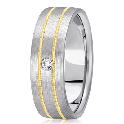 14K w-y-w-y-w gold 7mm. satin diamond-classic-round-wedding-rings - main view thumbnail