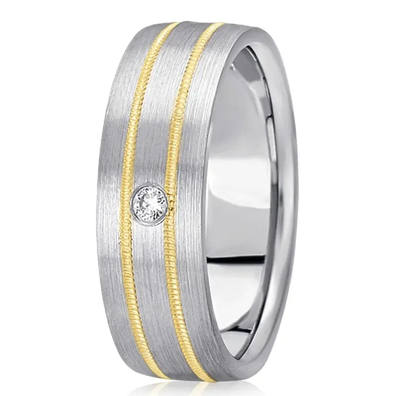 14K w-y-w-y-w gold 7mm. satin diamond-classic-round-wedding-rings - main view