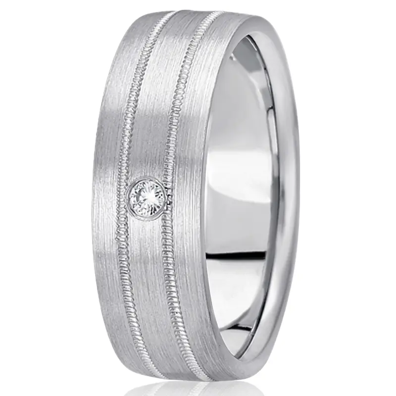 14K white gold 7mm. satin diamond-classic-round-wedding-rings - alternate view 2