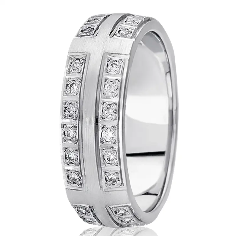 14K white gold 7mm. satin diamond-classic-round-wedding-band - main view