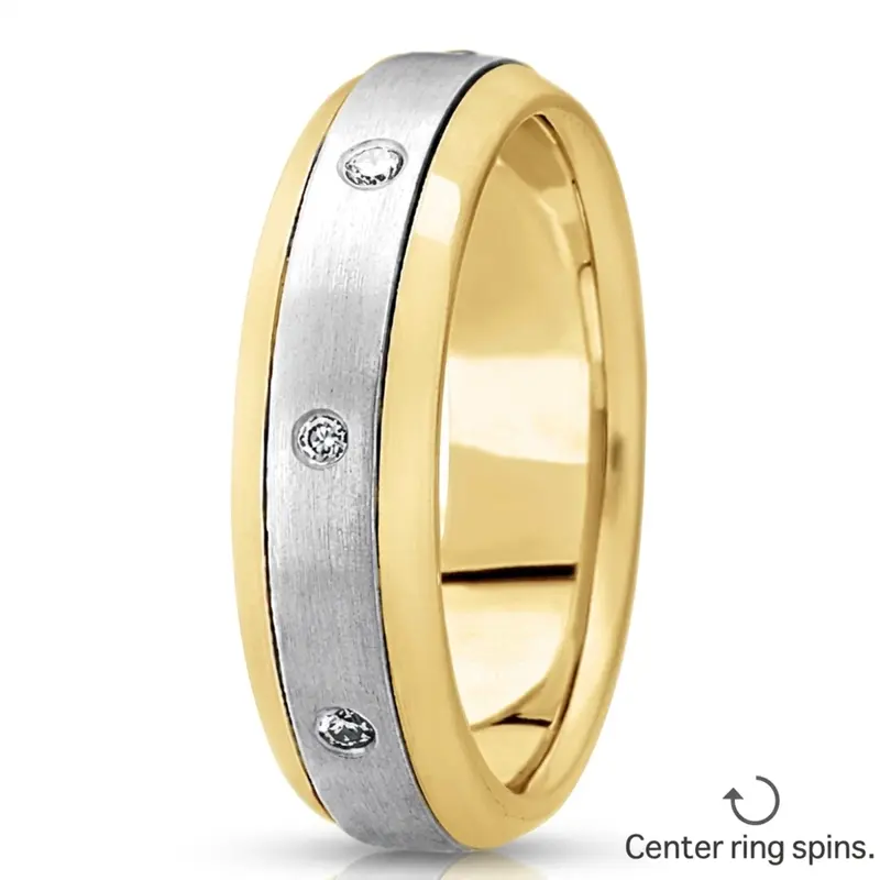 10K yellow-white-yellow gold 5.5mm. satin diamond-contemporary-round-wedding-band - main view