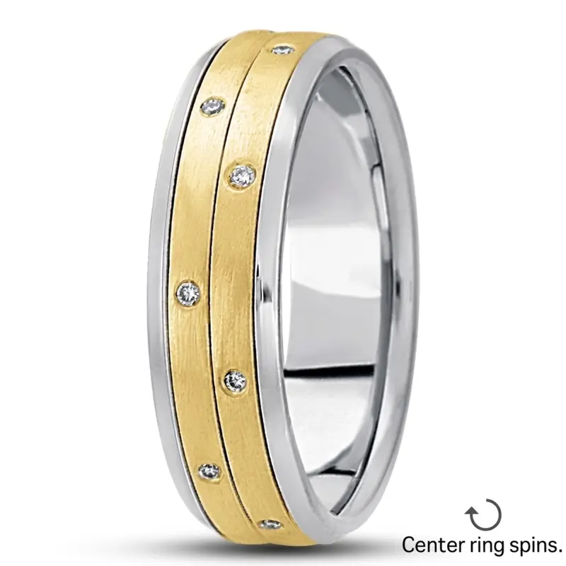 10K white-yellow-white gold 6.5mm satin diamond-contemporary-round-wedding-band - main view