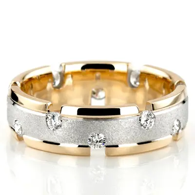 10K yellow-white-yellow gold 7mm. stone finish diamond-classic-round-wedding-band - main view thumbnail