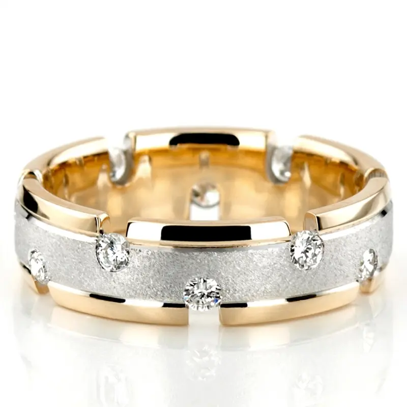 10K yellow-white-yellow gold 7mm. stone finish diamond-classic-round-wedding-band - main view