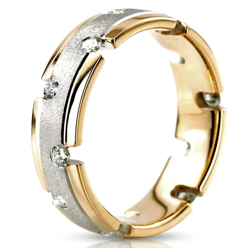 10K yellow-white-yellow gold 7mm. stone finish diamond-classic-round-wedding-band - alternate view 5