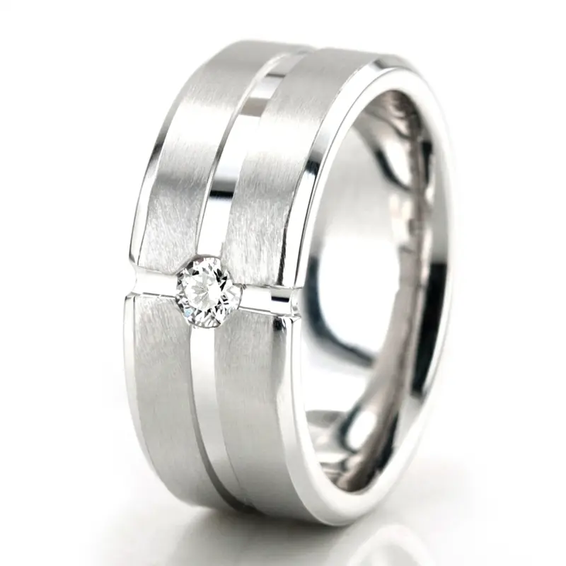 10K white gold 8mm. satin diamond-classic-round-cut-wedding-ring - alternate view 3