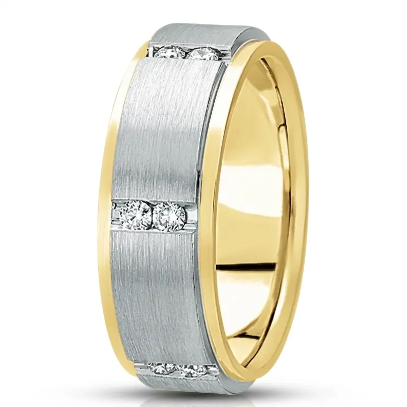 10K yellow-white-yellow gold 7mm. satin diamond-classic-round-cut-wedding-ring - main view