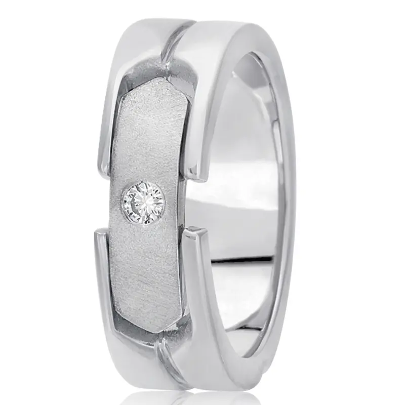 10K white gold 8mm. satin diamond-classic-round-cut-wedding-ring - alternate view 2