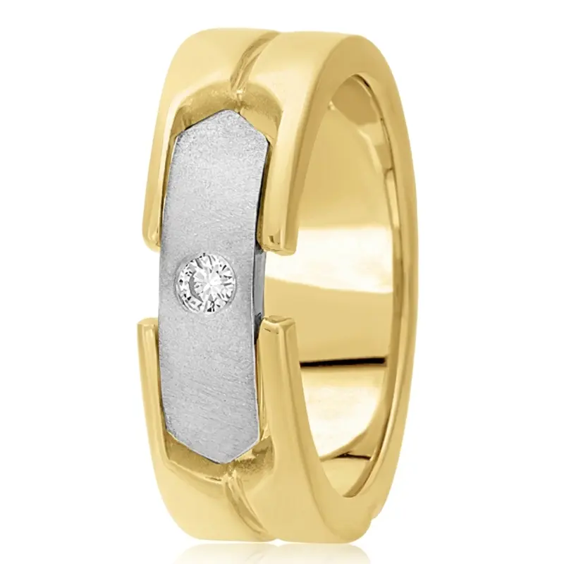 10K yellow-white-yellow gold 8mm. satin diamond-classic-round-cut-wedding-ring - alternate view 4
