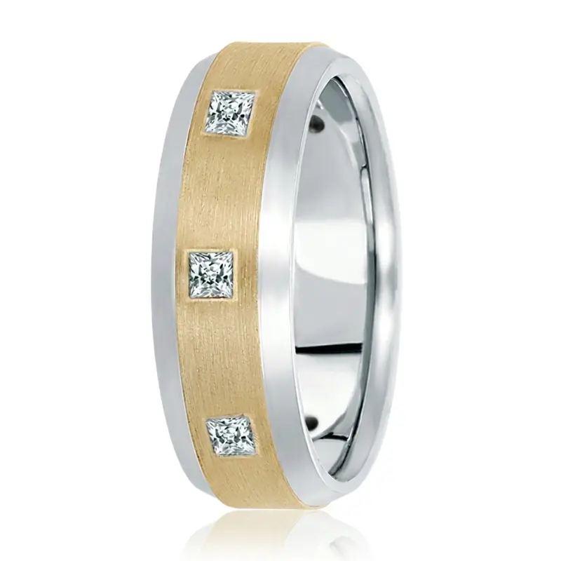 14K white-yellow-white gold 7mm. satin diamond-classic-princess-cut-wedding-band - main view