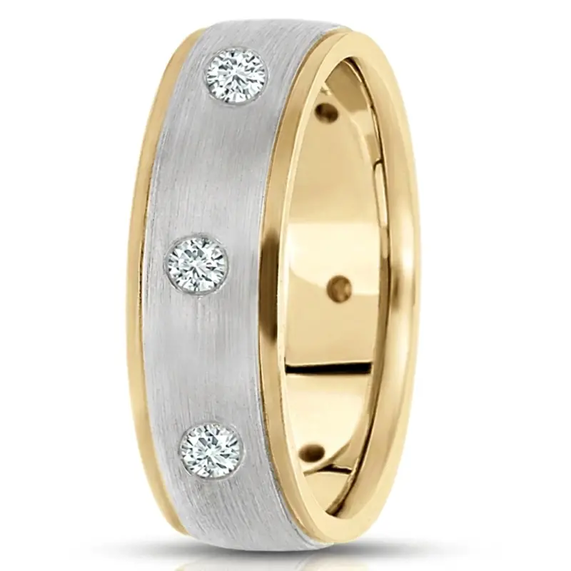 10K yellow-white-yellow gold 7mm. satin diamond-classic-round-cut-wedding-band - alternate view 2