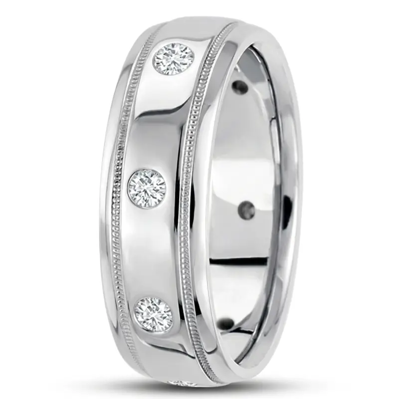 10K white gold 7mm. high polish diamond-classic-round-cut-wedding-band - main view