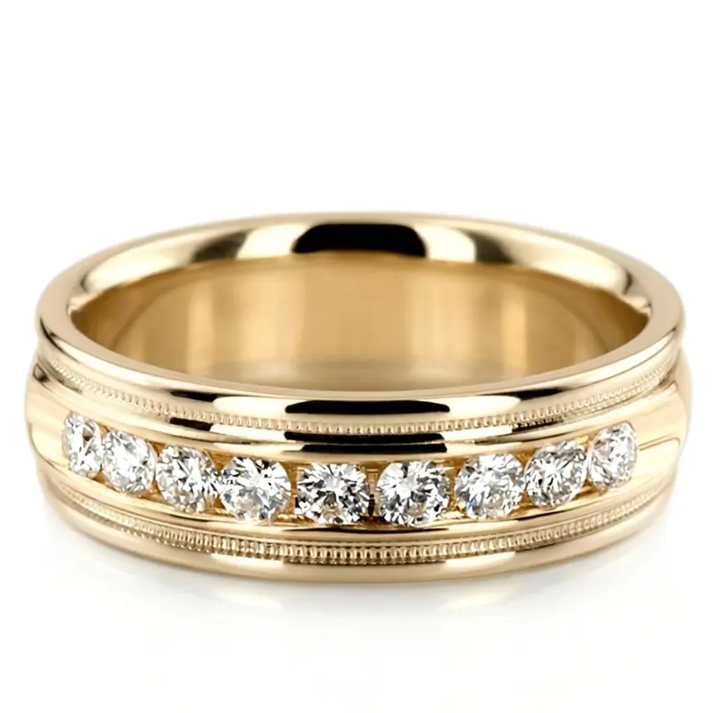 10K yellow gold 6mm. high polish diamond-classic-round-cut-channel-wedding-band - main view