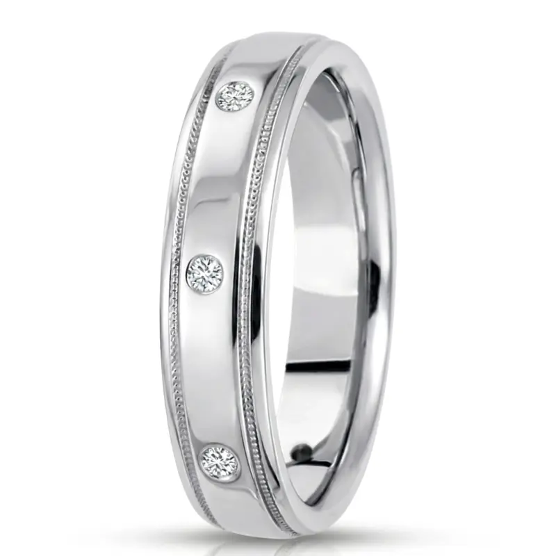 10K white gold 5mm. high polish diamond-classic-round-cut-wedding-band - main view