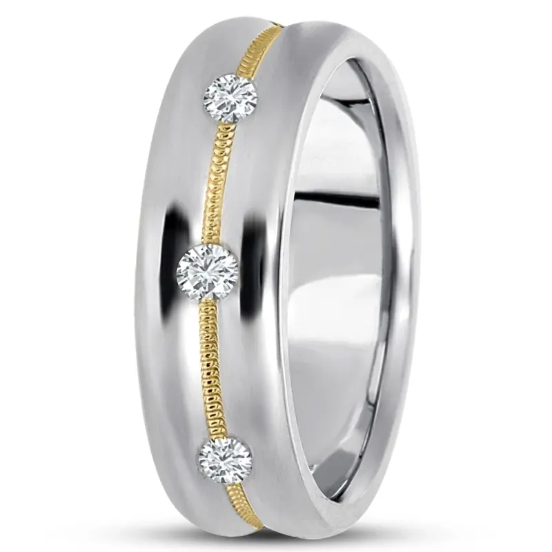 14K white-yellow-white gold 7mm. high polish diamond-classic-round-cut-wedding-band - main view