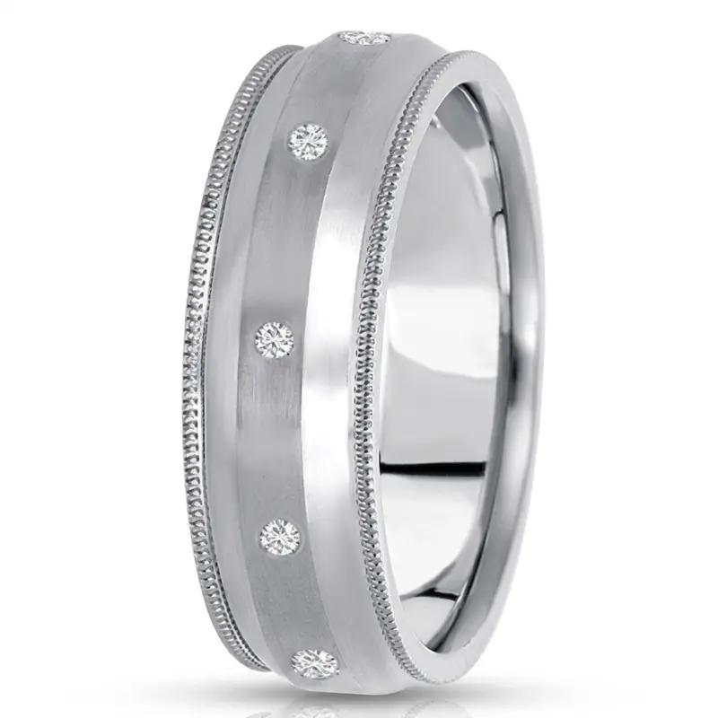 10K white gold 7mm. satin diamond-classic-round-cut-wedding-band - main view