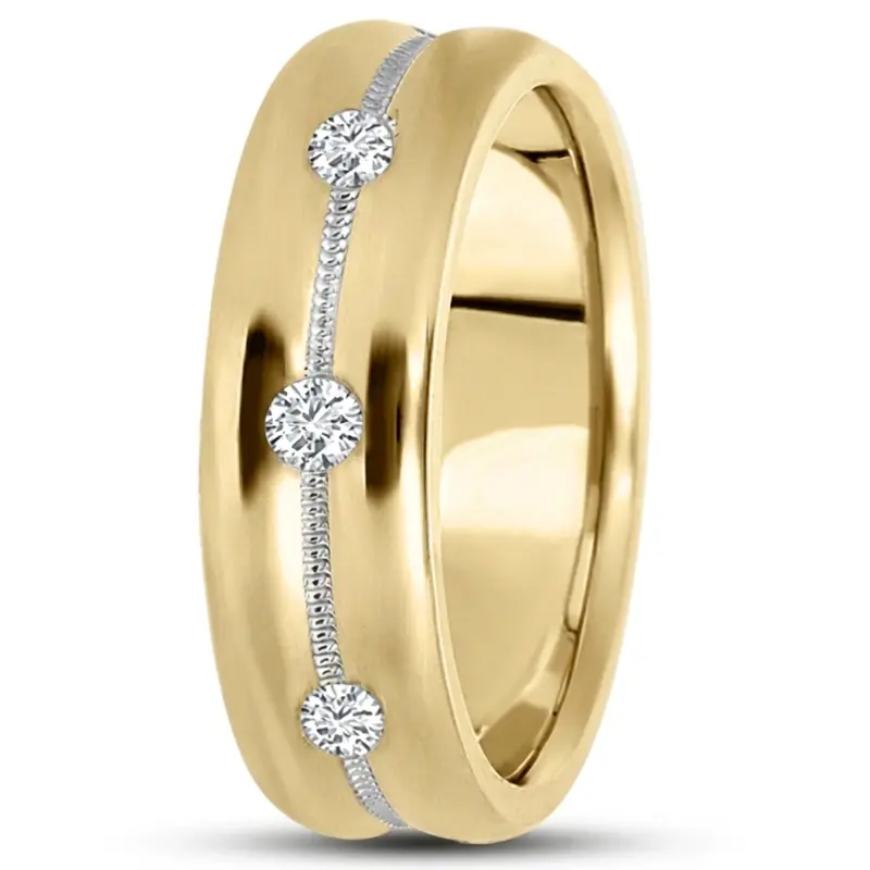 14K yellow-white-yellow gold 7mm. high polish diamond-classic-round-cut-wedding-band - alternate view 2