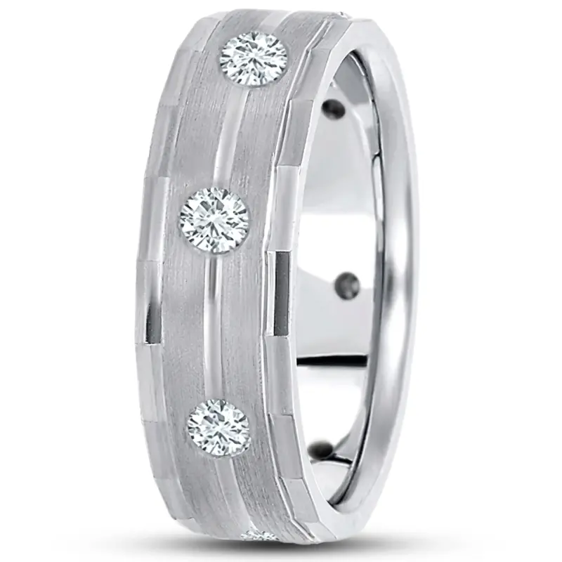 10K white gold 7mm. satin diamond-classic-round-cut-wedding-band - alternate view 2
