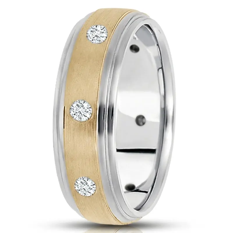 10K white-yellow-white gold 7mm. satin diamond-classic-round-cut-wedding-band - alternate view 2