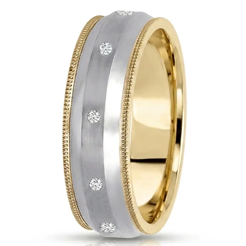 10K yellow-white-yellow gold 7mm. satin diamond-classic-round-cut-wedding-band - alternate view 2