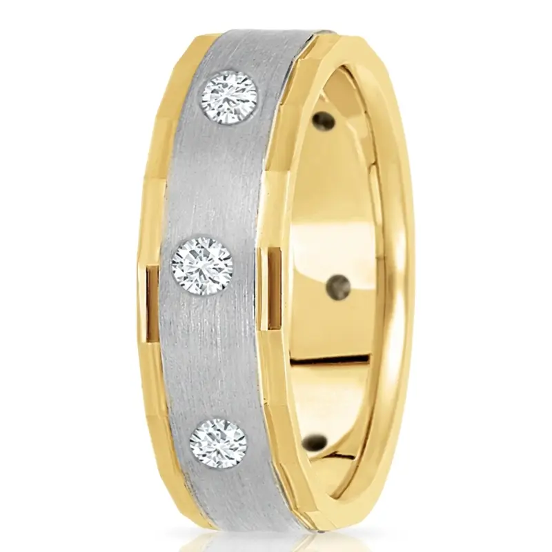 14K yellow-white-yellow gold 7mm. satin diamond-classic-round-cut-wedding-band - alternate view 4