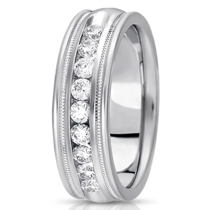 10K white gold 7mm. high polish diamond-classic-round-cut-channel-wedding-band - main view