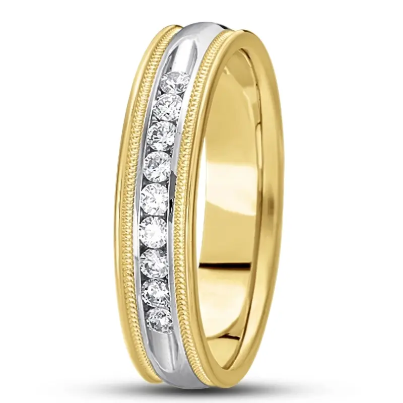 10K yellow-white-yellow gold 5mm. high polish diamond-classic-round-cut-channel-wedding-band - alternate view 3
