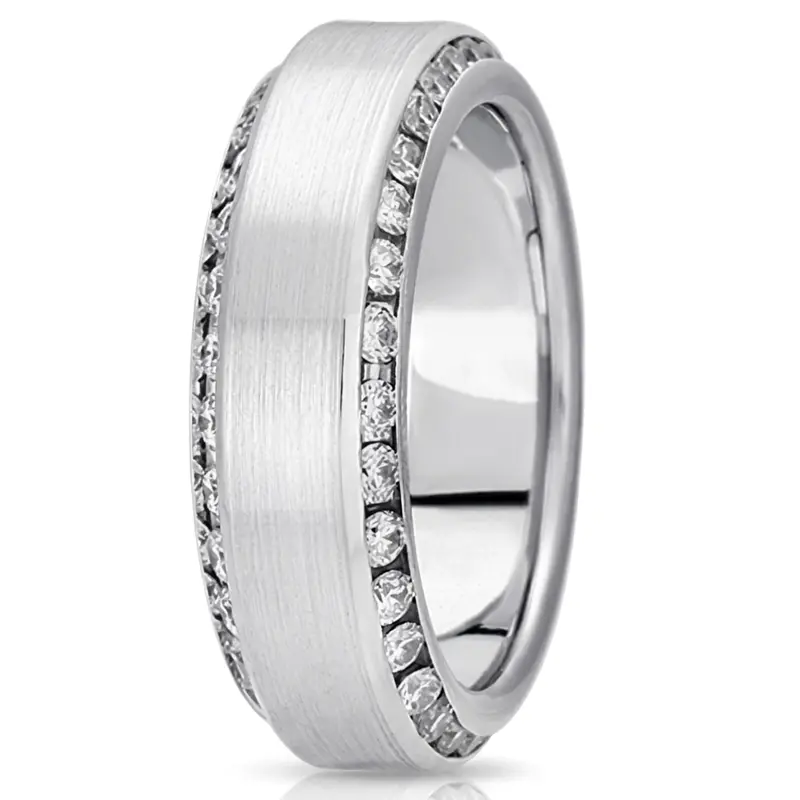14K white gold 8mm. satin diamond-classic-round-cut-channel-wedding-band - alternate view 2