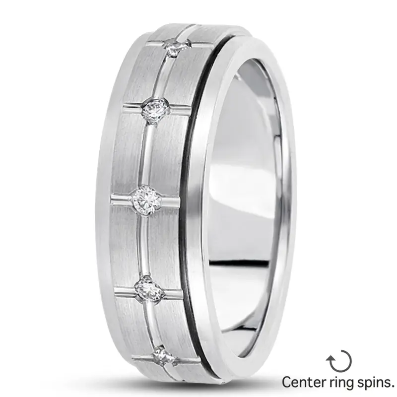 14K white gold 8mm. satin diamond-classic-round-cut-wedding-band - alternate view 2