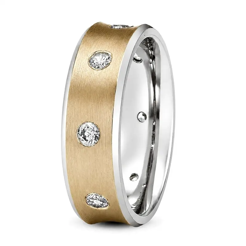 14K white-yellow-white gold 7mm. satin diamond-classic-round-cut-wedding-band - alternate view 4