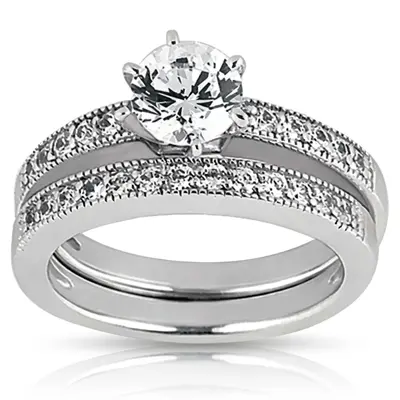 14K white gold Milgrain Edge Bead Set Round Diamond Wedding Band (1/8 ct. tw.) - alternate view 5 thumbnail