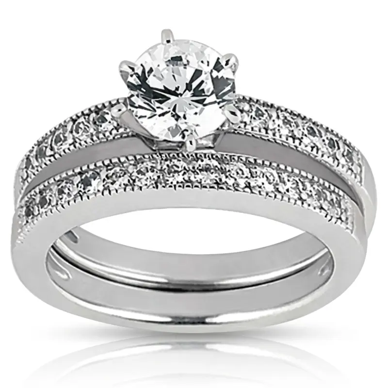 14K white gold Milgrain Edge Bead Set Round Diamond Wedding Band (1/8 ct. tw.) - alternate view 5