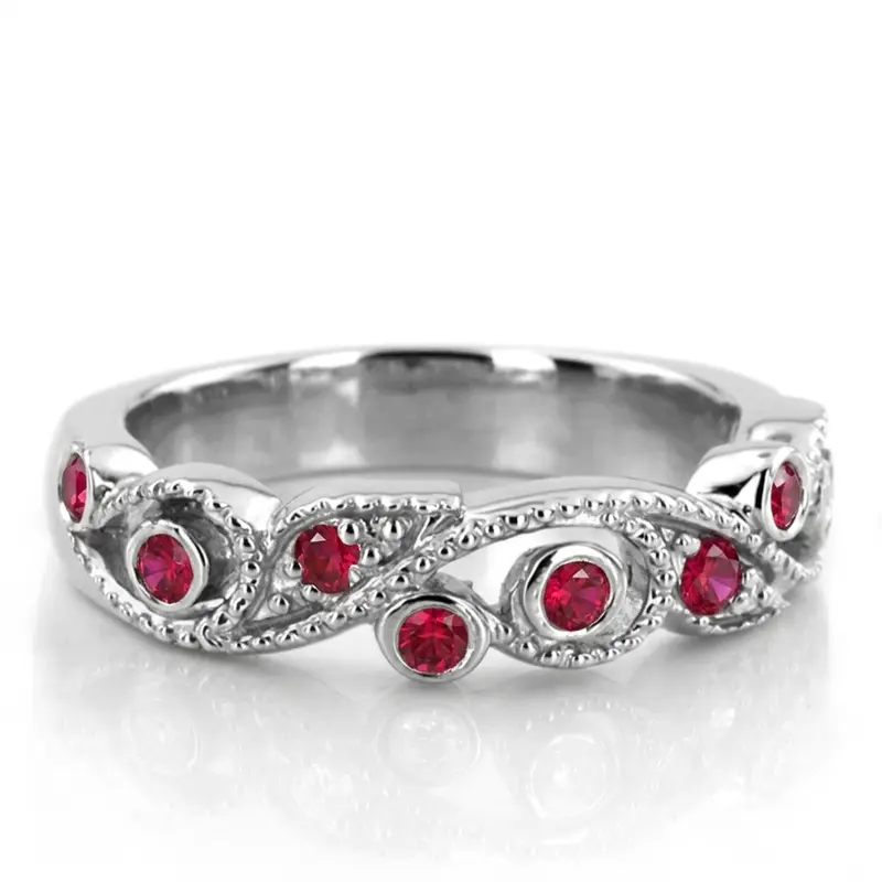 14K white gold Graceful Floral Design Ruby Wedding Anniversary Band - main view