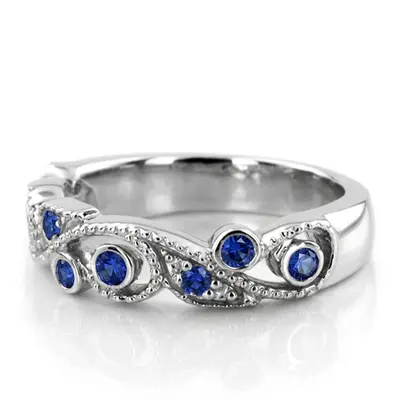 Beaded Floral Design Sapphire Wedding Anniversary Band alternate view