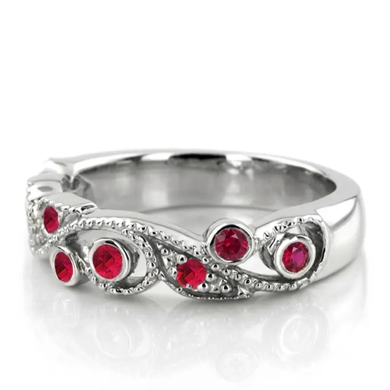14K white gold Graceful Floral Design Ruby Wedding Anniversary Band - alternate view 2