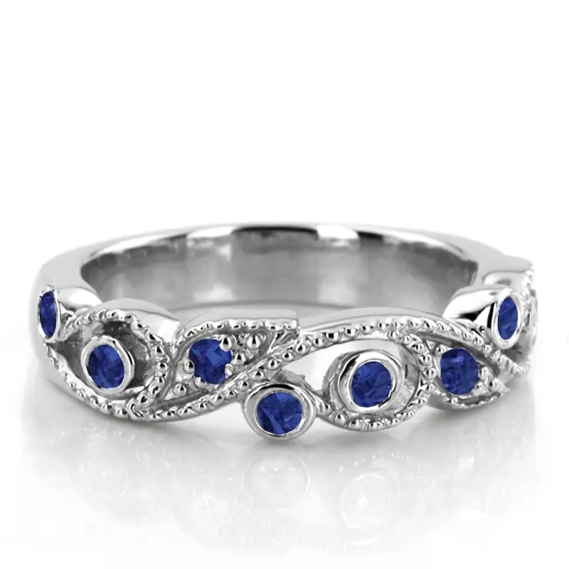 14K white gold Beaded Floral Design Sapphire Wedding Anniversary Band - main view