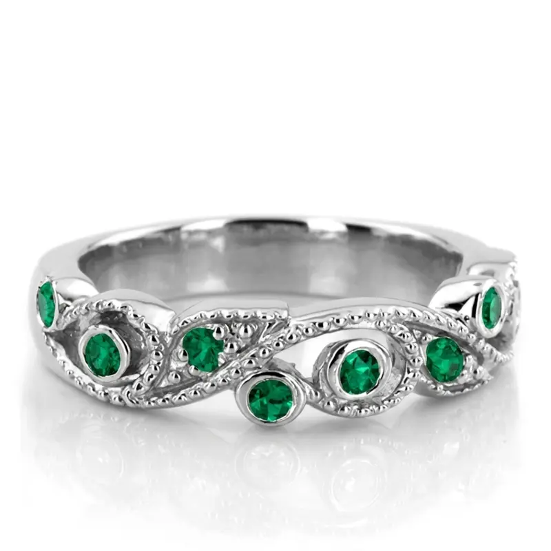 14K white gold Elegant Floral Design Emerald Wedding Anniversary Band - main view