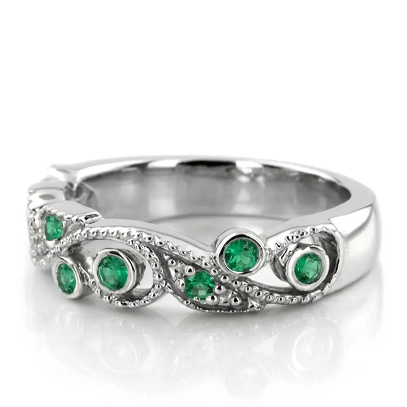 14K white gold Elegant Floral Design Emerald Wedding Anniversary Band - alternate view 2