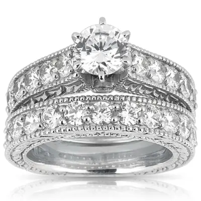 14K white gold Prong Set Milgrain Edge Antique Diamond Bridal Ring (1.10 ct. tw.) - alternate view 3 thumbnail