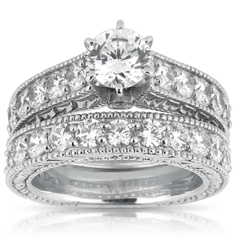 14K white gold Prong Set Milgrain Edge Antique Diamond Bridal Ring (1.10 ct. tw.) - alternate view 3