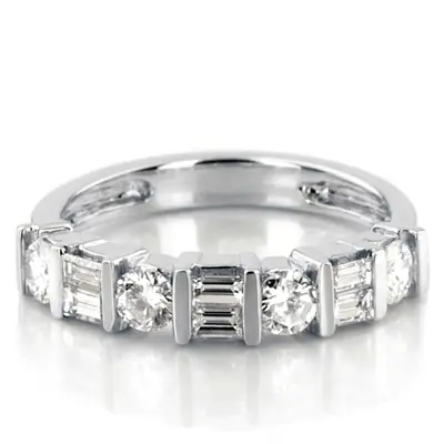 14K white gold Bar Set Round & Baguette Diamond Band (3/4 ct. tw.) - alternate view 3 thumbnail