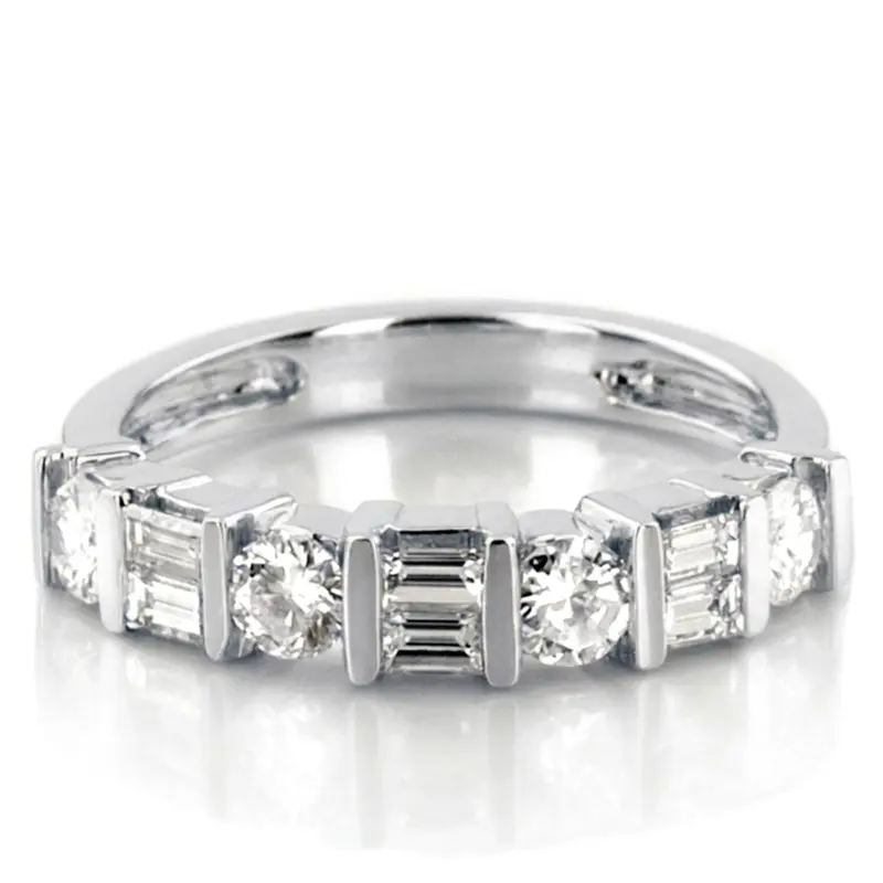 14K white gold Bar Set Round & Baguette Diamond Band (3/4 ct. tw.) - alternate view 3