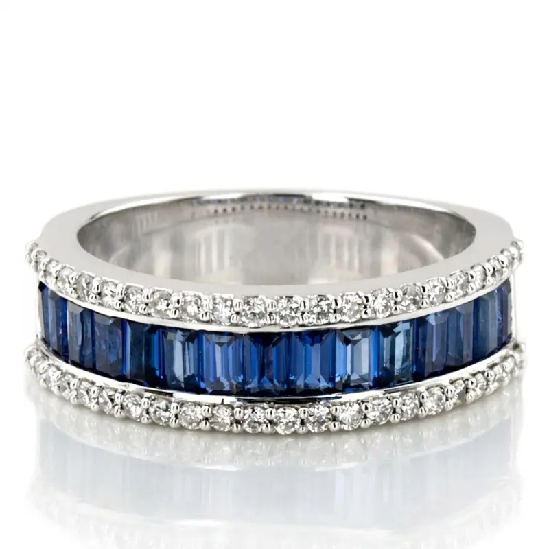 14K white gold Sapphire Baguette and Brilliant Round Diamond Anniversary Band - main view